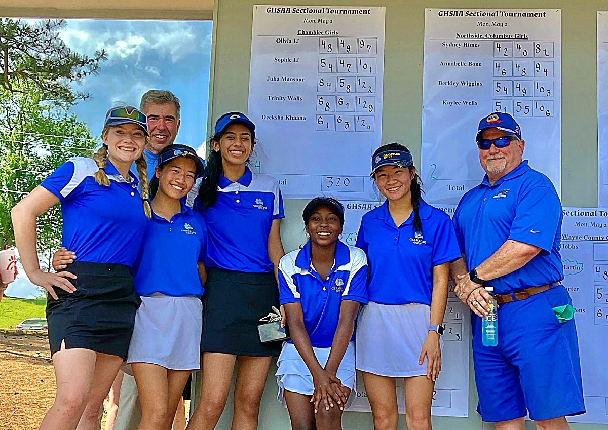 The Chamblee Lady Bulldogs finished 12th in the Class 5A Girls' State Golf Tournament with a team total of 692. Players include (l-r) Julia Mansour, Sophia Li, Deesha Khaana, Trinity Walls and Olivia Li. Coaches are (l-r) assistant coach Mark Winne and Head Coach Kurt Koeplin.