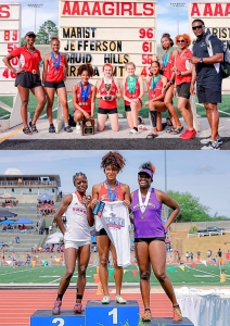 The Druid Hills Lady Red Devils were one of two teams to finish in the Top 3 of team competition with their Class 4A third place trophy. (Bottom) DeKalb had a clean sweep of the top of the podium in the 200-meter dash (l-r) as Arabia Mountain's Davenae Fagan (second), Druid Hills Sanaa Frederick (first) and Miller Grove's Rasunek Taylor-Thompson made the trifecta to cross the finish line for DeKalb. (Courtesy photos from Druid Hills Athletics)
