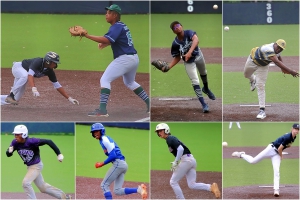 Action from the Junior All-Star Baseball Classic (top, l-r) Nitin Rao (Lakeside) and Colin Cofield (Arabia Mountain; Raymond Clark (Arabia Mtn.); and Artez McDowell (SW DeKalb); and (bottom, l-r) Landon Williams (Miller Grove), Lapedrick Grissom (Columbia), Devon Moyer (Lakeside) and Noah McMahon (Decatur). (Photos by Mark Brock)