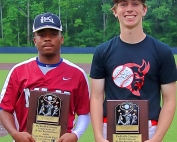 Martin Luther King's Nate Flemister (left) and Druid HIlls Cullen Riel (right) won the East Junior All-Star and West Junior All-Star MVP awards in the 13th annual DCSD Junior All-Star Baseball Classic. (Photo by Mark Brock)