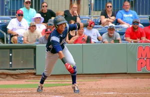 Redan's Anthony Mateo's RBI single down the right field line gave the Raiders an early 2-0 lead in their 5-4 loss to Pike Co. in the Class 3A state title game at Coolray Field. (Photo by Mark Brock)