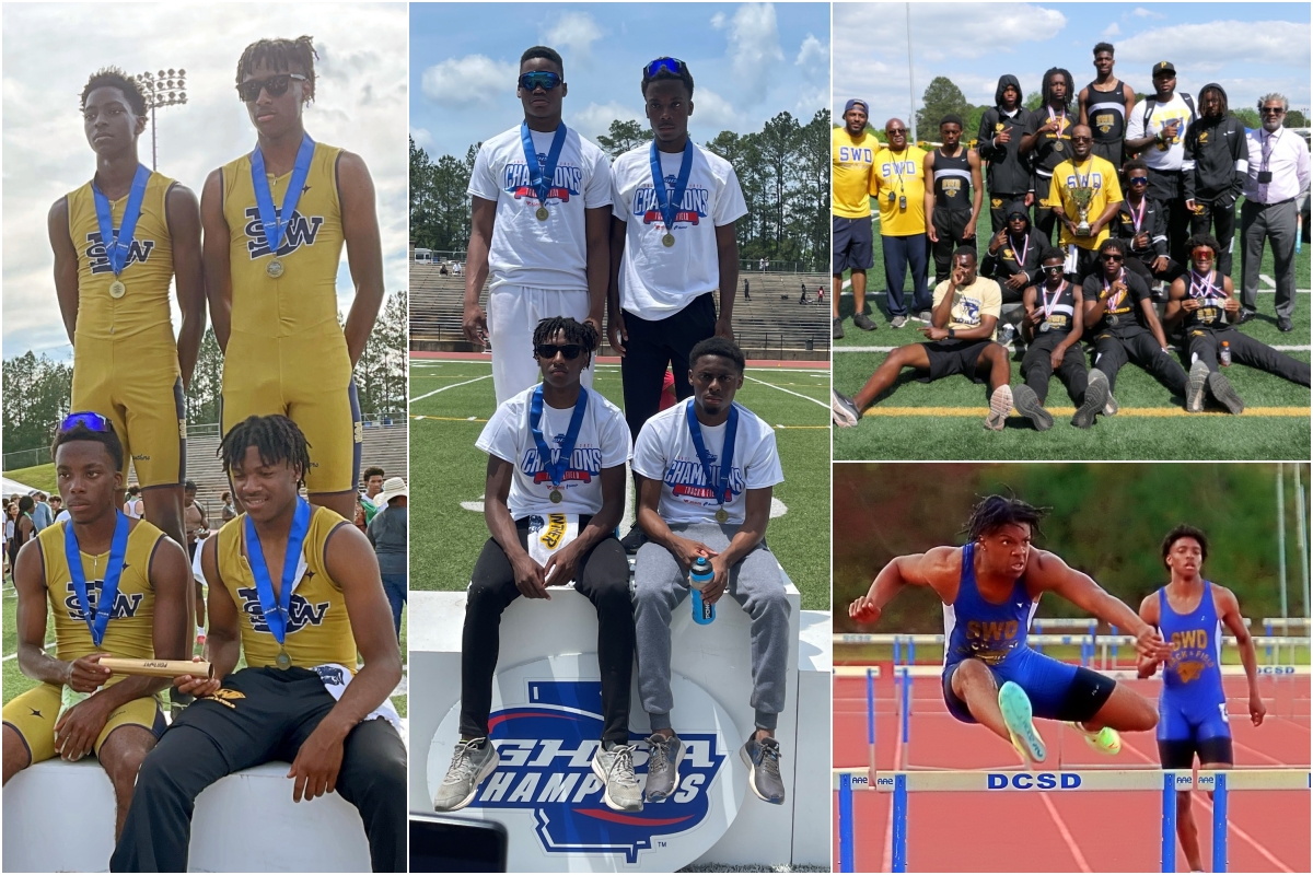 The Southwest DeKalb Panthers won their 11th GHSA State Track and Field Championship in the Class 5A meet held last weekend. Photos (l-r, clockwise) 4x200 relay team, 4x100 relay team, state champs and Isaiah and Xzaviah Taylor in 300 hurdles at county championships.