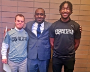 Lakeside's John Gross (far left) and Arabia Mountain's Regshun Lee received Positive Athlete of Georgia Statewide honors for Special Olympics (Boys Swimming) and Boys Track and Field, respectively. Pictured with the two honorees is DCSD Athletics Middle School Coordinator Paris Burd.