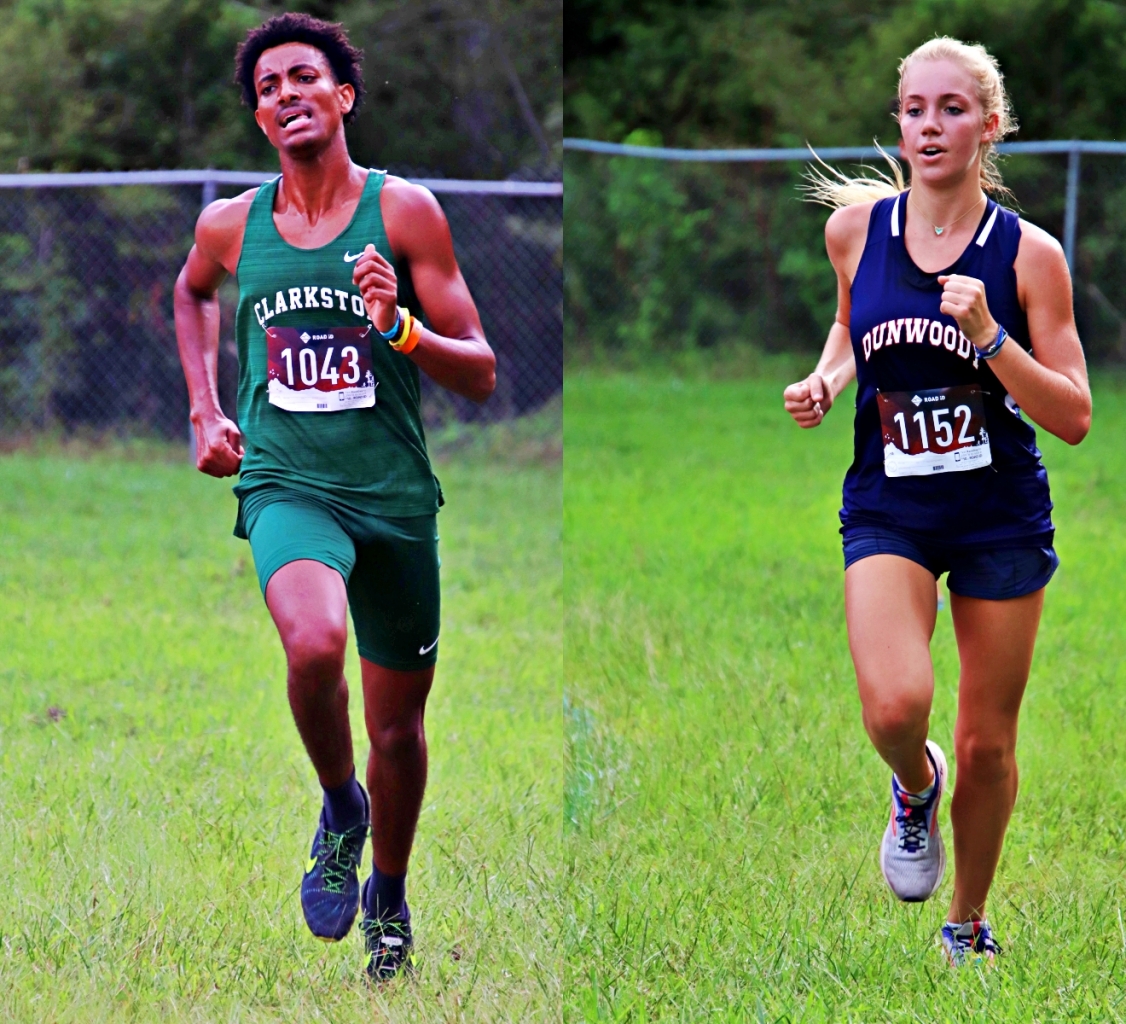 Clarkston's Abenezer Woellore (left) and Dunwoody's Claire Shelton (right) won the opening varsity races of the 2022 DCSD cross country season. (Photos by Mark Brock)