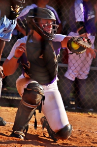Lakeside catcher Ellie Lenz frames a pitch during the Lady Vikings' 7-2 loss to Chamblee. Lenz drove in one of the two Lakeside runs with a big double in the first inning. (Photo by Mark Brock)