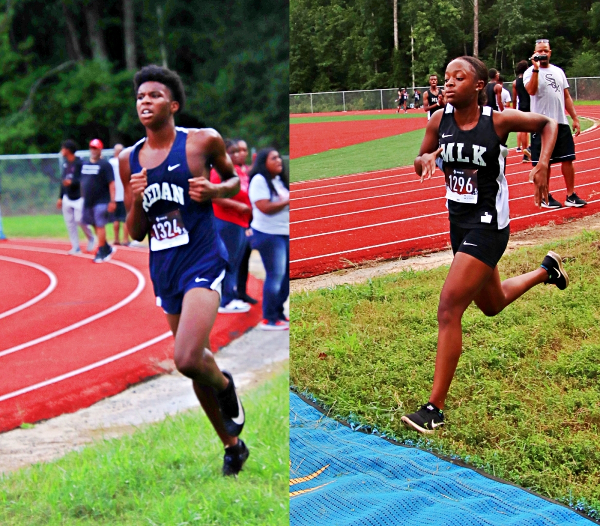 Redan's Lodrick Scott (left) and Martin Luther King's Morgan Hughes (right) won the boys' and girls' titles, respectively, the second varsity race on Tuesday at Druid Hills Middle School. (Photos by Mark Brock)