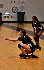 Towers' Sydnee Huff (front) gets a dig against Stephenson as teammate Nelani Pettiford backs her up. (Photo by Mark Brock)
