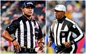 Southwest DeKalb alum Tra Boger (left) joins his dad, Jerome Boger (right) as a NFL referee this football season. (Photos courtesy of the USFL and NFL)