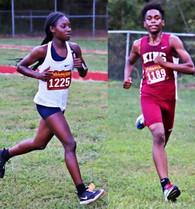 Southwest Janiya McCoy (left) cruised to a win in the second girls' varsity race by over a minute. Martin Luther King's Braylin Grier (right) led from start to finish in his 21 second victory in the boys' second race of the day. (Photos by Mark Brock)