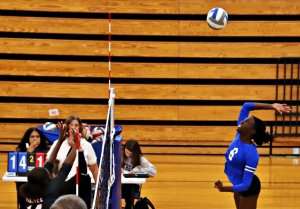 Chamblee's Naa Adua Annan goes for a kill in first round play of the state volleyball playoffs. Annan had a solid final match in Chamblee's Sweet 16 loss to Statesboro. (Photo by Mark Brock)