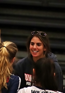Dunwoody head volleyball coach Julie Gardner was all smiles after her team won its first round playoff match over Rockdale County following her being named Area 4-6A Coach of the Year. (Photo by Mark Brock)