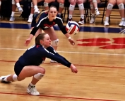 Dunwoody senior Caroline Vanke goes down for a dig in first round action against Rockdale County. Vanke finished her career with a strong performance in a tough five-set loss to Statesboro on Saturday. (Photo by Mark Brock)