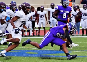 Tucker's Christopher Jackson (7), shown here in pursuit of a Miller Grove running back, is one of a tandem of defensive ends, including Nakobi Spurrier, that are a key to the Tigers' defense. (Photo by Mark Brock) 
