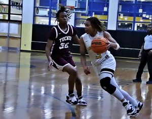 Lithonia's Asia Freeman (3) finds an opening behind Tucker's Jacinta Hollins (32) on the way to two of her 20 points on the night. Freeman and the Lady Bulldogs ran away to a 49-22 win. (Photo by Mark Brock)