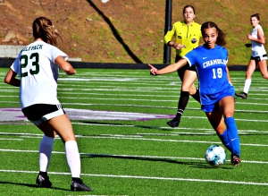 Chamblee junior Solai Washington (19) points to the goal on the way to her third goal of the game in Chamblee's 9-0 win over Greenbrier. (Photo by Mark Brock)