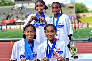 This foursome from Druid Hills accounted for three individual gold medals, a silver, a bronze and two relay gold medals for Druid Hills. The foursome includes (f, l-r) Sanaa Frederick, Solo Frederick and (b, l-r) Jadyn Bolden and Miya Carthan.
