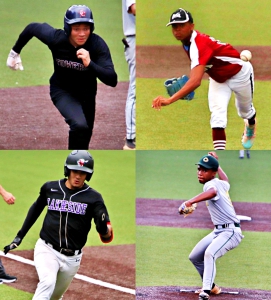 Some action from the 20th Annual Senior All-Star Baseball Classic includes (clockwise from top left) Deshaun Broughton (Towers), Nazir Bennett (M.L. King), Giovanny Rios-Barrios (Lakeside) and Christian Yates (Clarkston). (Photos by Mark Brock)
