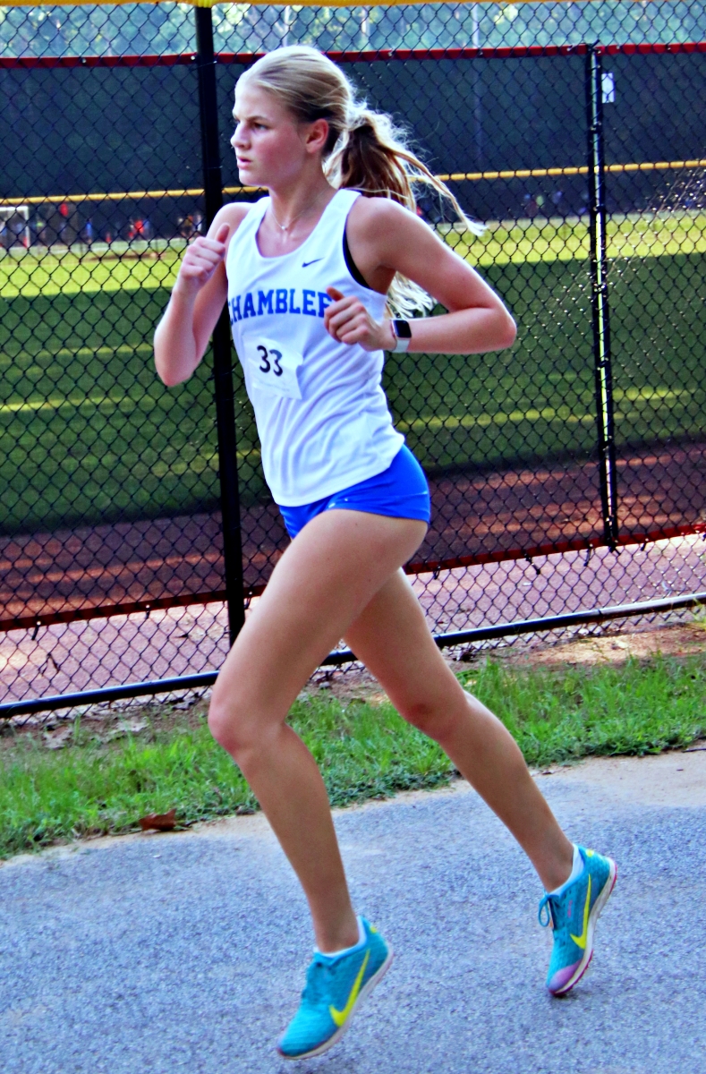 Chamblee's Tally Pendleton led the Chamblee Lady Bulldogs to an DeKalb season opening win with a first place finish at the Druid Hills Middle School course. (Photo by Mark Brock)