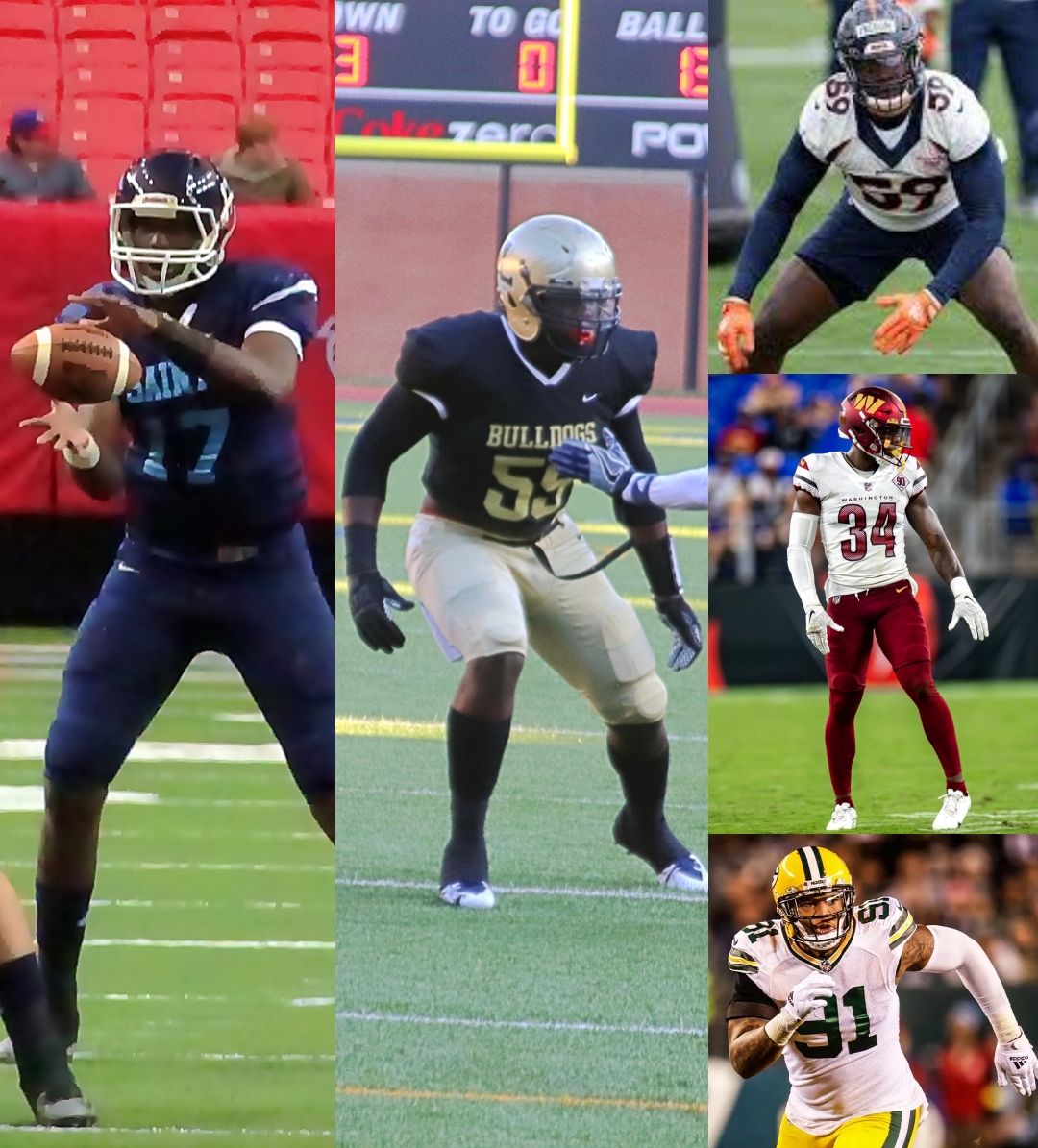 Five of the 14 former DeKalb players on NFL rosters include (l-r, clockwise) Jelani Woods (Indianapolis), Broderick Jones (Pittsburgh), Thomas Icoom (Denver), Christian Holmes (Washington) and Preston Smith (Green Bay).