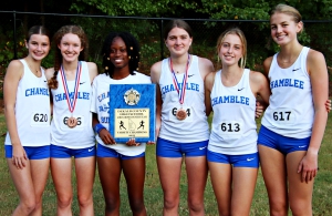 The Chamblee girls' varsity cross country team won the program's second DCSD Cross Country Championship, the first since 1999, and became the first team to win the title other then Dunwoody or Lakeside since 2007. (Photo by Mark Brock)
