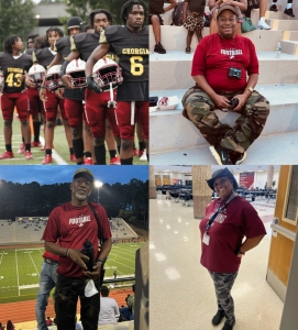 The Martin Luther King Jr. Lions football team held a Military Night at a home game on September 1. Photos from the evening (clockwise from top left) several players showing off National Guard jerseys; staff member Dr. Derek Willis (U.S. Army) in his camo; staff member Kozman Stroman (U.S.A.F) in his camo; and counselor Libra Randolph ready with her camo. (Courtesy Photos)