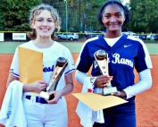 Lakeside's Vanessa Oliver (left) and Arabia Mountain's Madison Heath (right) were named MVPs of the Blue and Red All-Star teams, respectively, for their play in the Blue's 20-7 win. (Photo by Mark Brock)