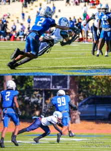 (Top Photo) Stephenson's Aaryn Chastine (Blue 2) defense as Cedar Grove's Dale Perry (White 2) makes a diving reception. (Bottom Photo) Stephenson's Carlos Wilson (99) avoids a Cedar Grove tackler on the way to a scoop and score. (Photos by Vincent Myers - Shawtcut_Shoots_Photography)
