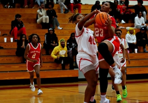 Druid Hills' Anisa Brailsford (23) goes in for a layup against Stone Mountain's Nyla Warren (40). Brailsford had a 26-point, 18-rebound double-double in Druid Hills' 53-43 win. (Photo by Mark Brock)