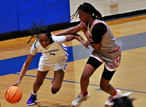 Columbia's Nia Anderson dribbles around a McNair defender in her team's 75-15 win over the Mustangs on Friday night at Columbia. Anderson went on to score 21 points in the contest. (Photo by Mark Brock)