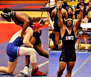 Dunwoody's Charlie Ruark (left in blue) and Southwest DeKalb's Isaiah Scott (right) became three-time DeKalb County wrestling champions this past weekend. (Photos by Mark Brock)