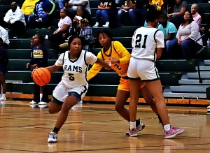 Arabia Mountain's Sha'nya Heath (5) drives past Eagle's Landing's Mahogany Brown (2) with the help of a pick by teammate Angelina Billingsley (21). Heath hit for 33 points in the game to lead the Rams to a 58-46 win. (Photo by Mark Brock)
