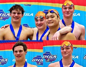 The Dunwoody Wildcats captured three gold medals at the Class 6A State Swimming Championships including (top) the 400-yard freestyle relay team, (bottom left) Luke Amerson in the 200-individual medley and Luke Sandberg (bottom right) in the 200-yard freestyle. Amerson and Luke are both back-to-back state champs. (Courtesy Photos)