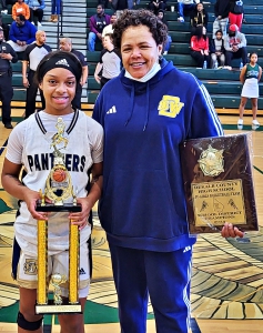 Southwest DeKalb's Deasia Kelly (left) shown with her coach Terrie Montgomery was named the MVP of the DCSD JV Girls' Championship game. (Photo by Ozzie Harrell)