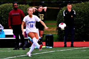 Chamblee captain Cassidy Kuehne (12) had a pair of goals to lead the Lady Bulldogs to a 4-1 win over the Tucker Lady Tigers in Region 4-5A play at Adams Stadium on Thursday. (Photo by Mark Brock)