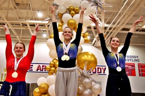 All-Around top three at the 2024 DCSD County Gymnastics Championships were (l-r) Tabitha Johnson (Dunwoody, 3rd), Sarah Wolf (Chamblee, 1st) and Samantha Yarbrough (Chamblee, 2nd). (Photo by Mark Brock)