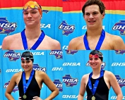 Four of the DCSD All-State swim selections include (clockwise from top left) Luke Sandberg (Dunwoody), Luke Amerson (Dunwoody), Lyla Richards (Lakeside) and Sophia Hook (Lakeside).