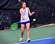 Chamblee's Isabelle Coursey keeps a ball in play during her 6-3, 6-1 victory at No. 1 singles to tie the match with Greenbrier at 1-1. (Photo by Mark Brock)