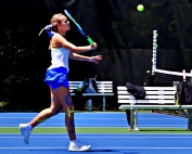 Chamblee's McKenzie Hensarling makes a volley in her shortened match at No. 3 singles. (Photo by Mark Brock)