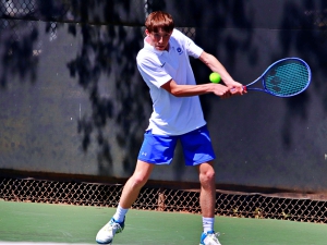 Chamblee's Jacob Dorland returns a backhand during his 6-1, 6-3 win over Northgate's Leyton Dunn at No. 1 singles to clinch a Sweet 16 playoff win for the Bulldogs over the Vikings. (Photo by Mrk Brock)