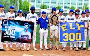 Chamblee head baseball coach Brian Ely celebrates his 300th career victory with is 2024 squad following their win over Arabia Mountain in the regular season finale at Chamblee. (Photo by Mark Brock)