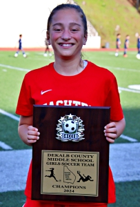 Peachtree's Sophia Pristach was named the MVP of the girls' middle school soccer championship match after scoring two goals in the 3-0 win. (Photo by Mark Brock)