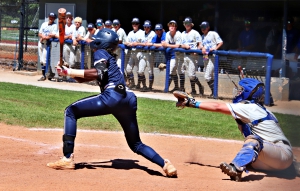 Redan's Derek Peoples goes deep for a two-run homer in Game 2 of Redan's playoff series loss to Mount Paran Christian. (Photo by Mark Brock)